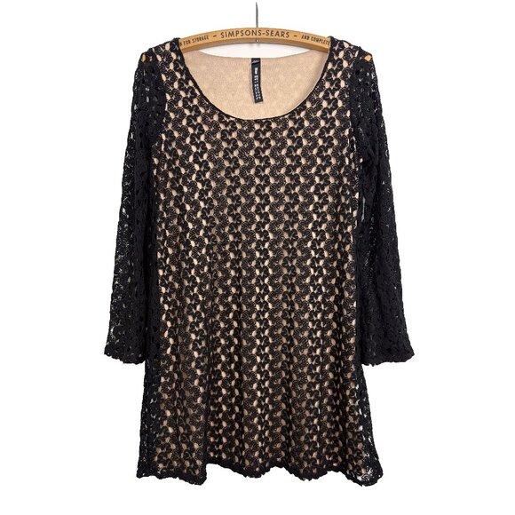 Design Lab Womens Long Sleeve Crochet Mini Dress Black Size XS - Picture 1 of 4